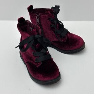 Cat & Jack Girl’s Burgundy Crushed Velvet Velour Combat Boots Toddler Size 8